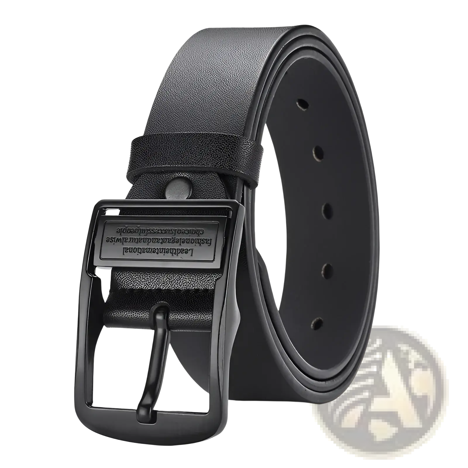 Black leather men leather belt with a matte black metal buckle and engraved text for casual jeans use