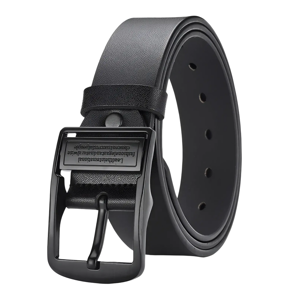 Black leather men leather belt with a matte black metal buckle and engraved text for casual jeans use