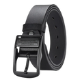 Black leather men leather belt with a matte black metal buckle and engraved text for casual jeans use