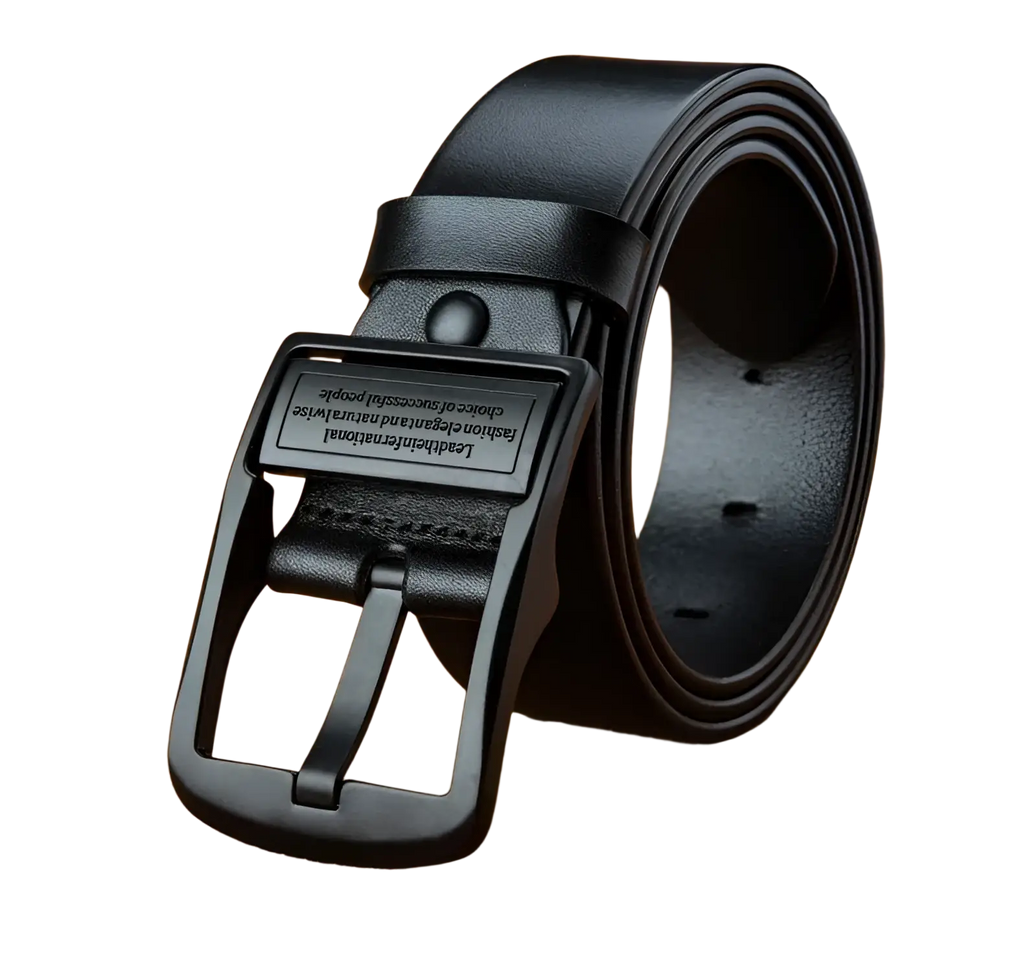 Black leather men leather belt with matte black plastic buckle featuring engraved text for casual jeans