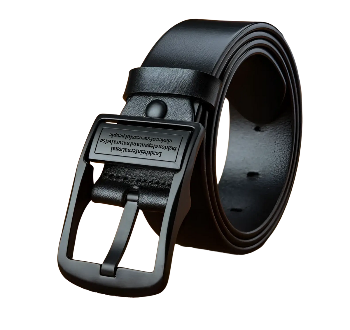 Black leather men leather belt with matte black plastic buckle featuring engraved text for casual jeans