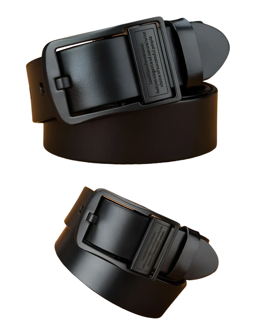 Black leather belt with a matte black metal buckle featuring engraved text for casual jeans wear