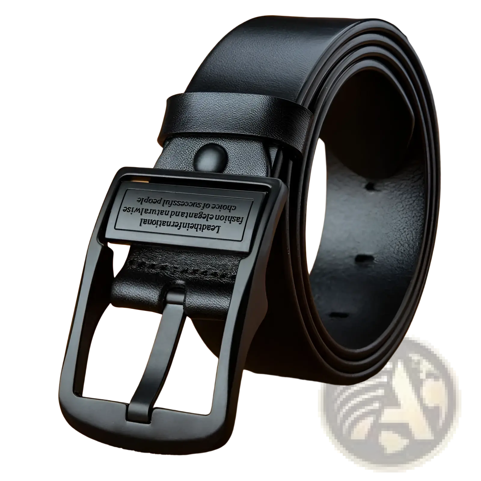 Black leather belt with matte black buckle featuring engraved text for casual jeans wear