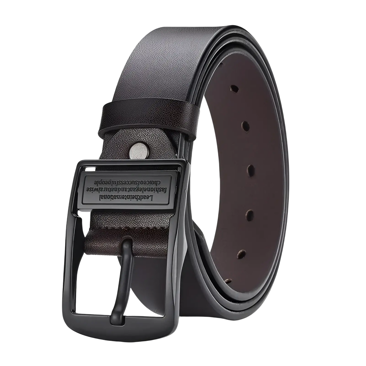 Black leather belt with matte black metal buckle engraved with text for casual jeans wear