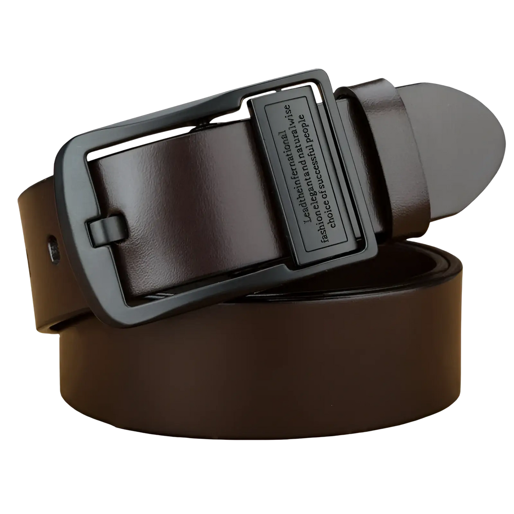 Brown leather men leather belt with matte black rectangular buckle featuring engraved text for casual jeans