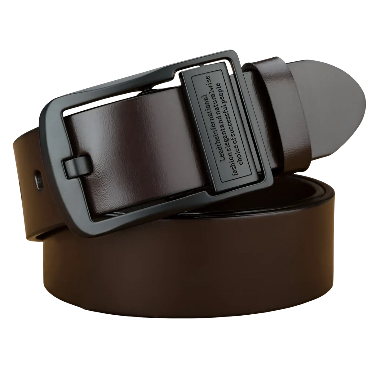 Brown leather men leather belt with matte black rectangular buckle featuring engraved text for casual jeans
