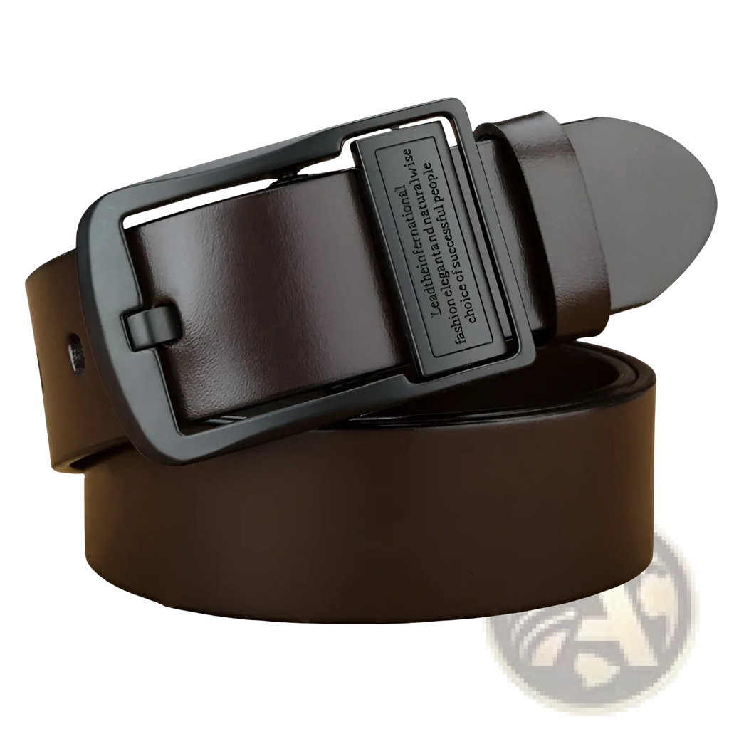 Brown leather men leather belt with matte black rectangular buckle featuring engraved text for casual jeans