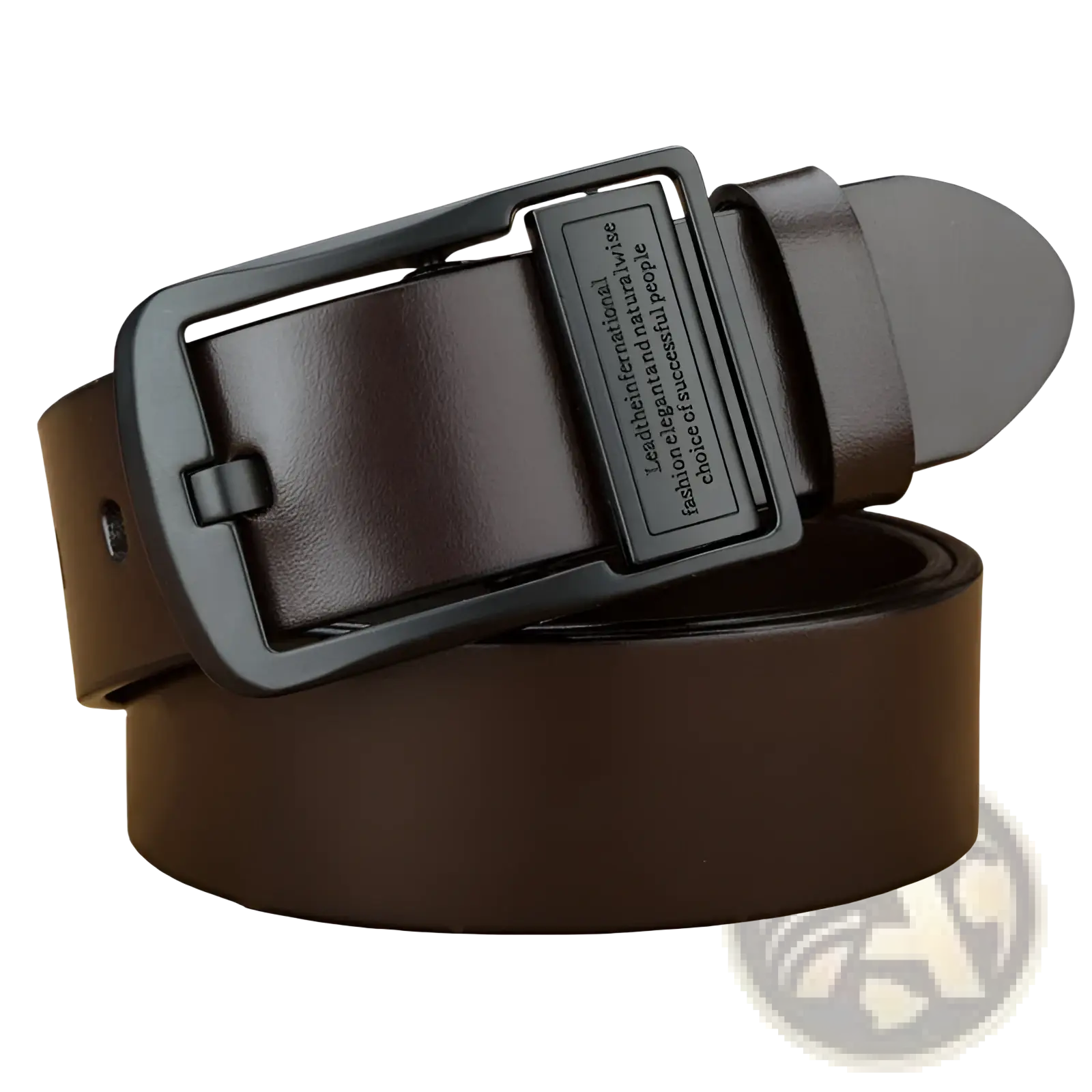 Brown leather men leather belt with matte black rectangular buckle featuring engraved text for casual jeans