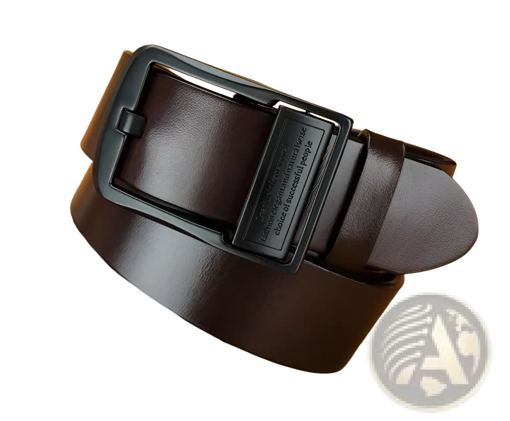 Dark brown men leather belt with matte black plastic buckle featuring engraved text for casual jeans use
