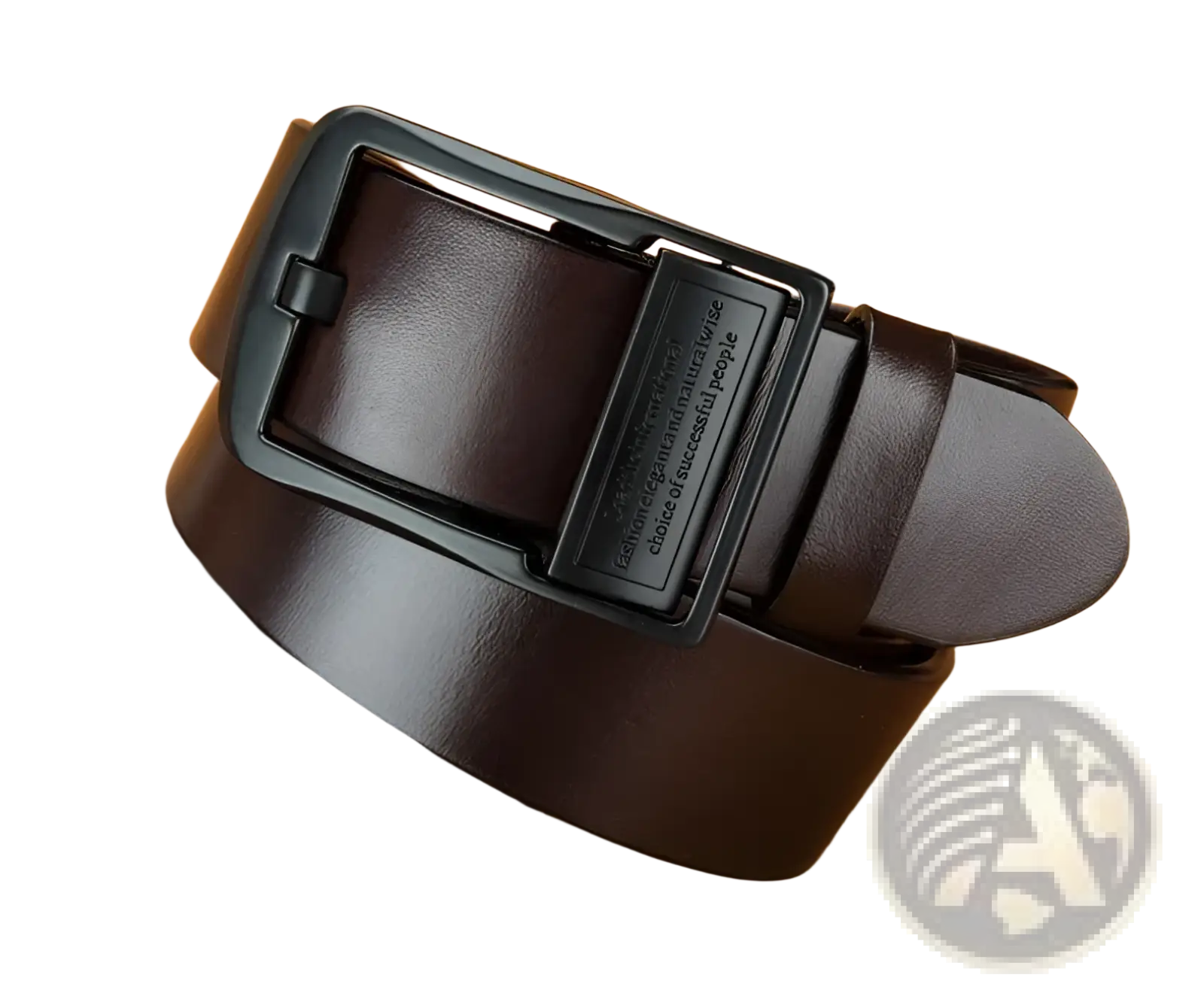 Dark brown men leather belt with matte black plastic buckle featuring engraved text for casual jeans use