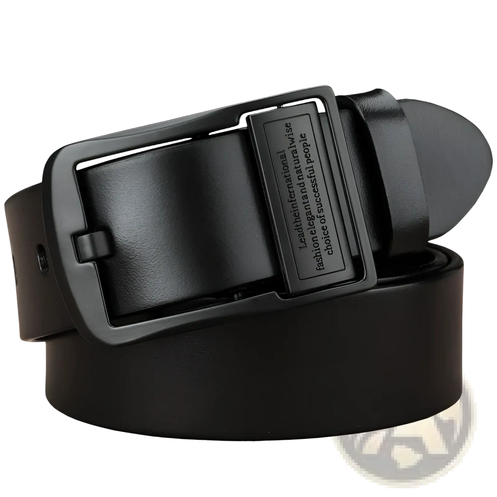Black leather belt with a matte black metal buckle featuring engraved text for casual jeans