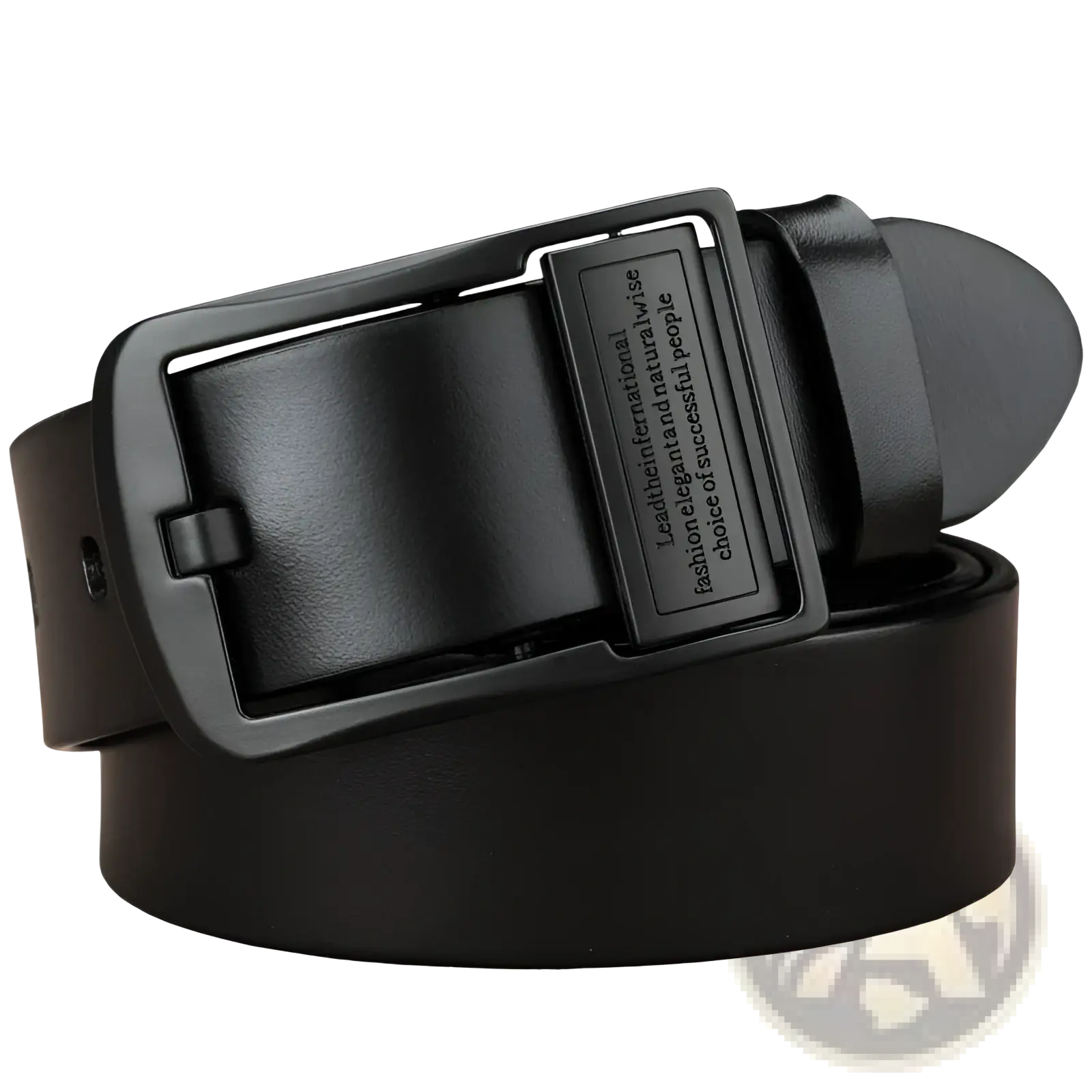 Black leather belt with a matte black metal buckle featuring engraved text for casual jeans
