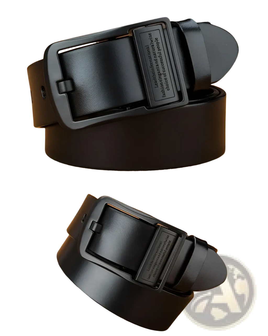 Black leather belt with a matte black metal buckle featuring engraved text for casual jeans wear