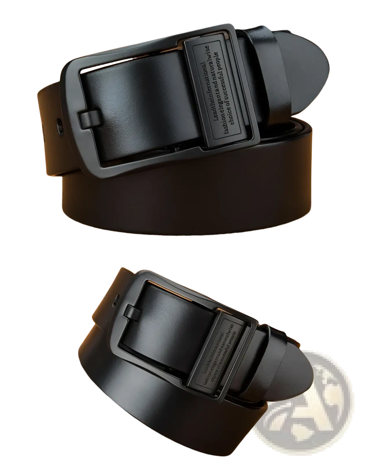 Black leather belt with a matte black metal buckle featuring engraved text for casual jeans wear
