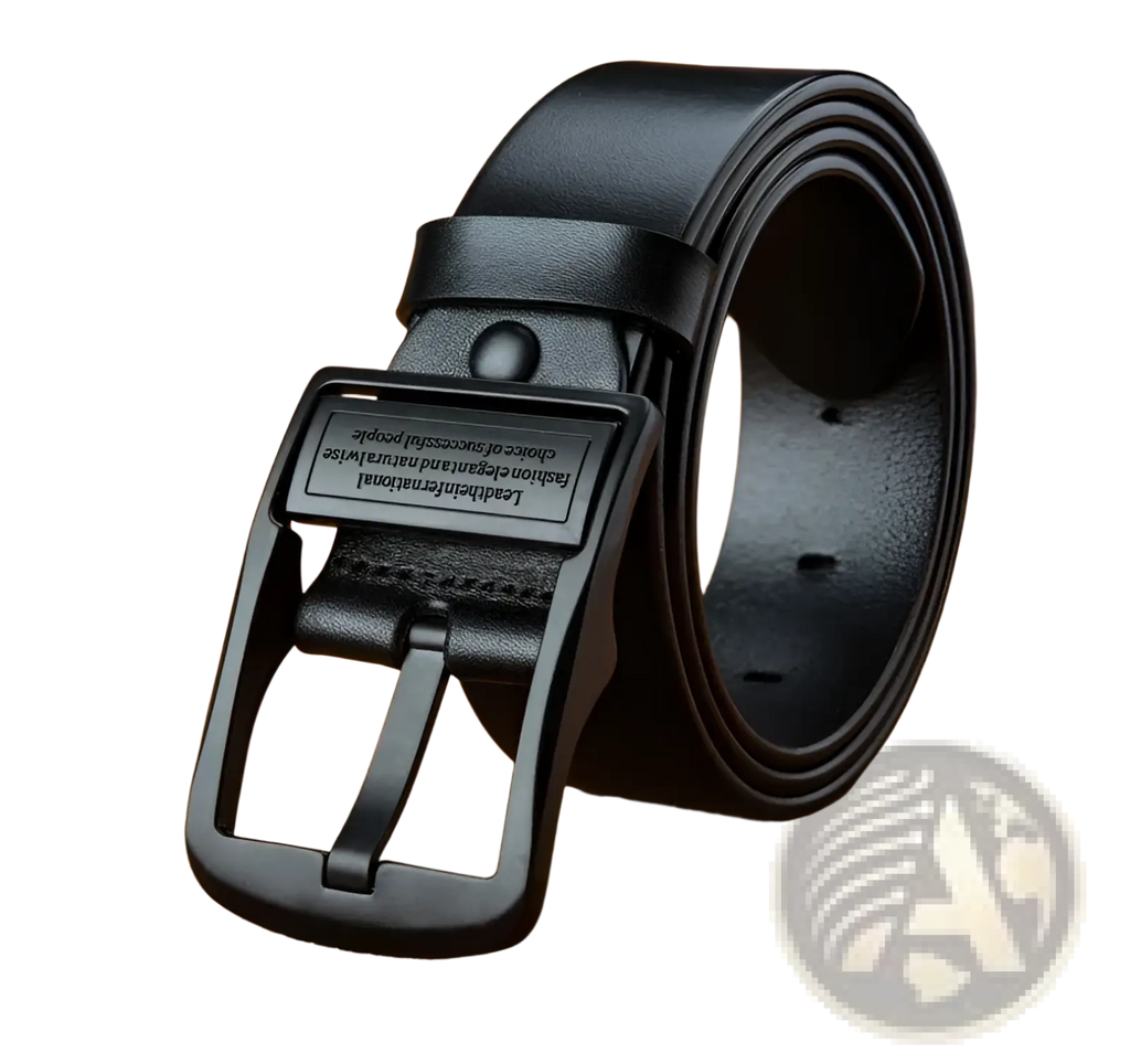 Black leather men leather belt with matte black plastic buckle featuring engraved text for casual jeans
