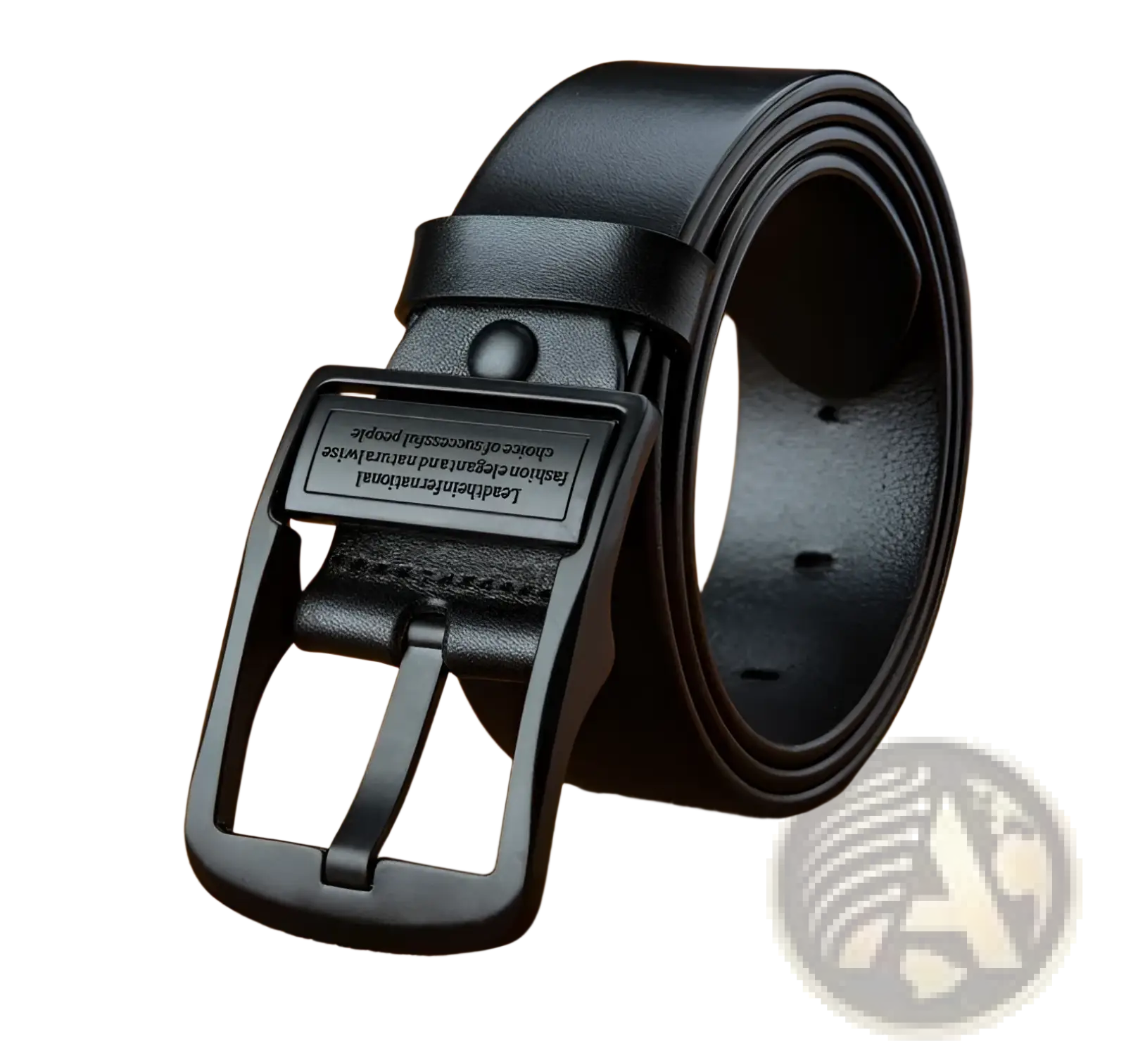Black leather men leather belt with matte black plastic buckle featuring engraved text for casual jeans