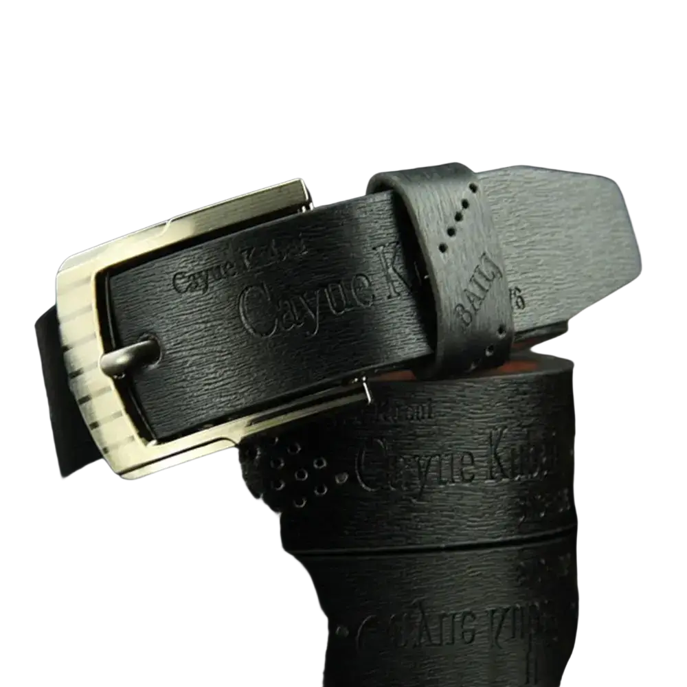 Black leather men leather belt with vintage silver-toned buckle and embossed branding for business use