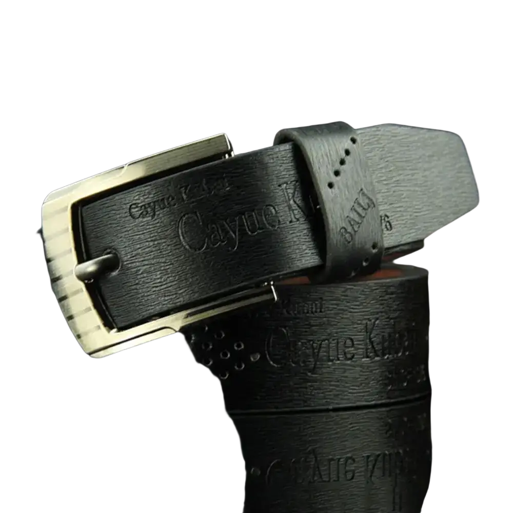 Black leather men leather belt vintage business waistband with silver-toned buckle and embossed cayue k branding