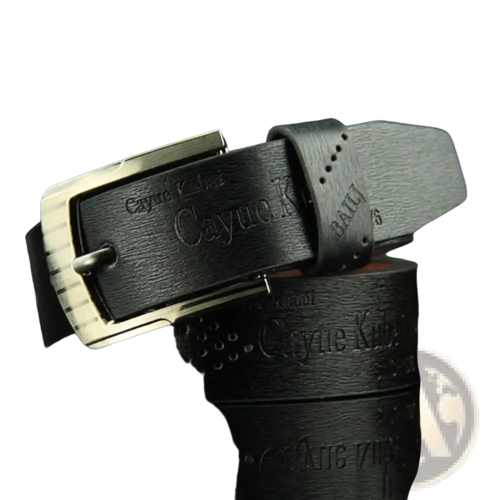 Black leather men leather belt with vintage silver-toned buckle and embossed branding for business use