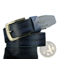 Dark blue leather men belt with silver buckle and embossed cayne Dubai branding for vintage business waistband