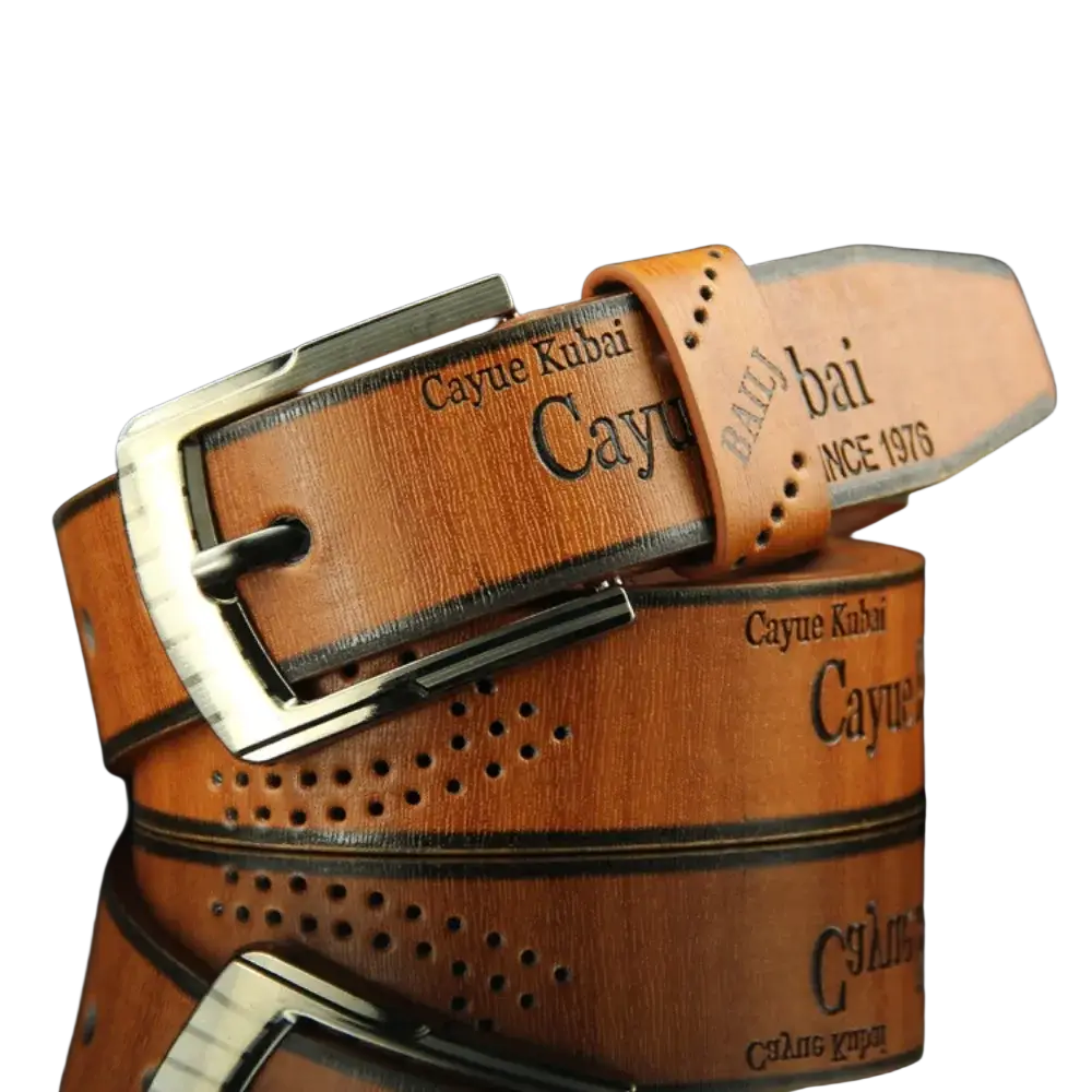 Men leather belt vintage business waistband in brown with perforated design and silver-toned buckle featuring cayue kubai branding