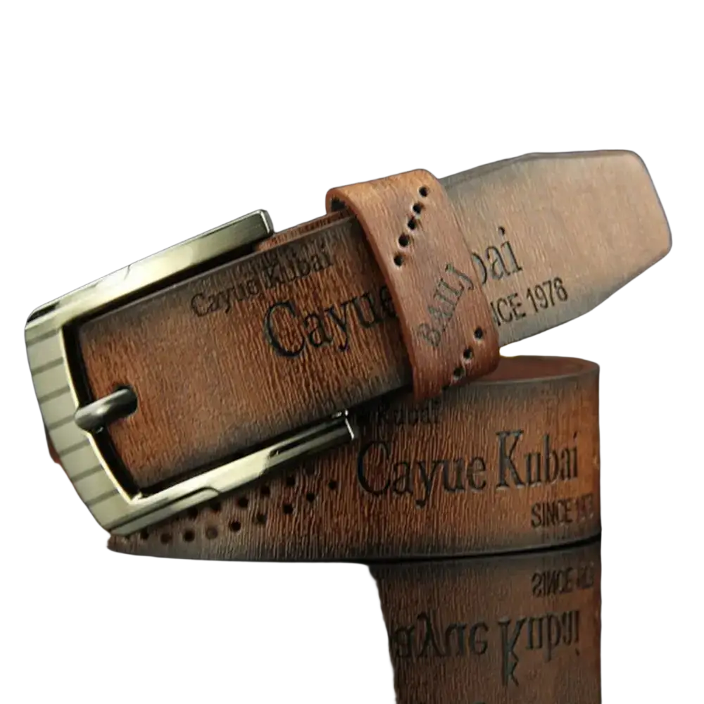 Men leather belt vintage business waistband in brown leather with silver-toned buckle and embossed cayue kubai branding
