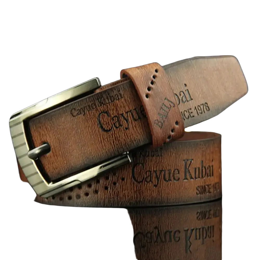 Men leather belt vintage business waistband in brown leather with silver buckle and embossed cayue kubai since 1976 branding