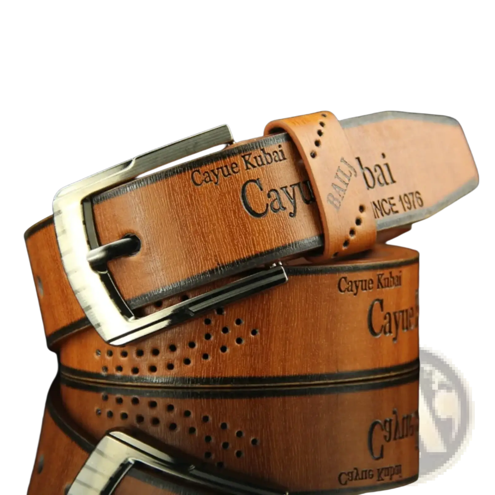 Men leather belt vintage business waistband in brown with perforated design and silver-toned buckle featuring cayue kubai branding