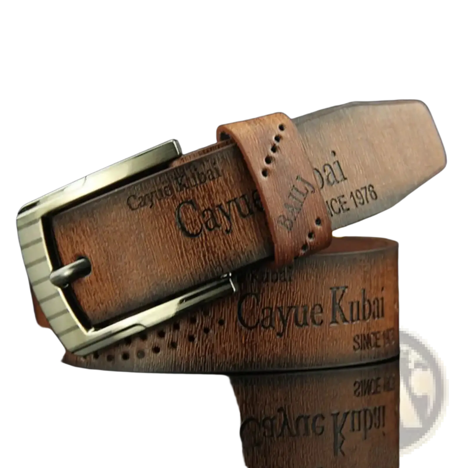 Men leather belt vintage business waistband in brown leather with silver buckle and embossed cayue kubai since 1976 branding