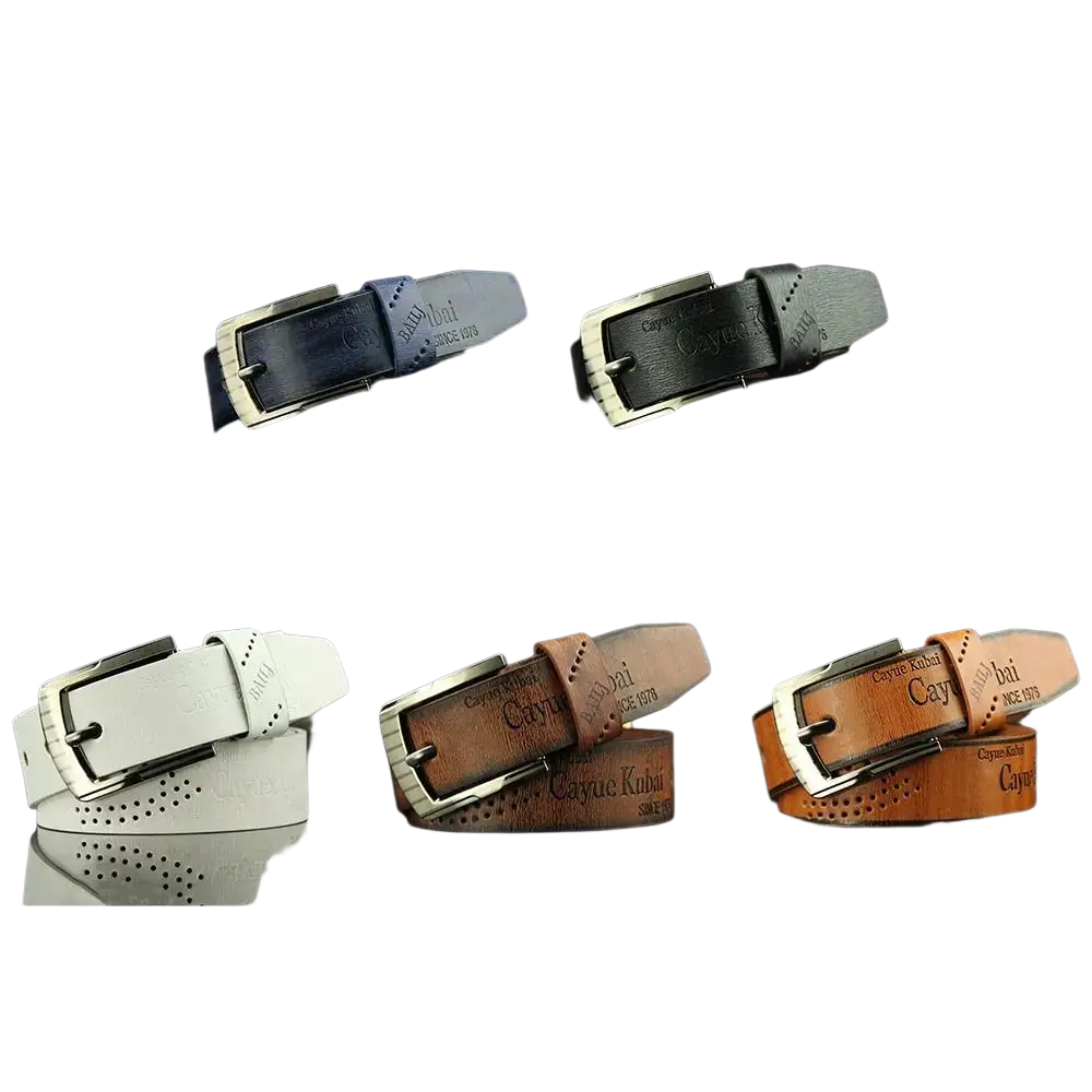 A collection of men leather belts in blue black white brown and coffee with silver embossed branding vintage business waistband