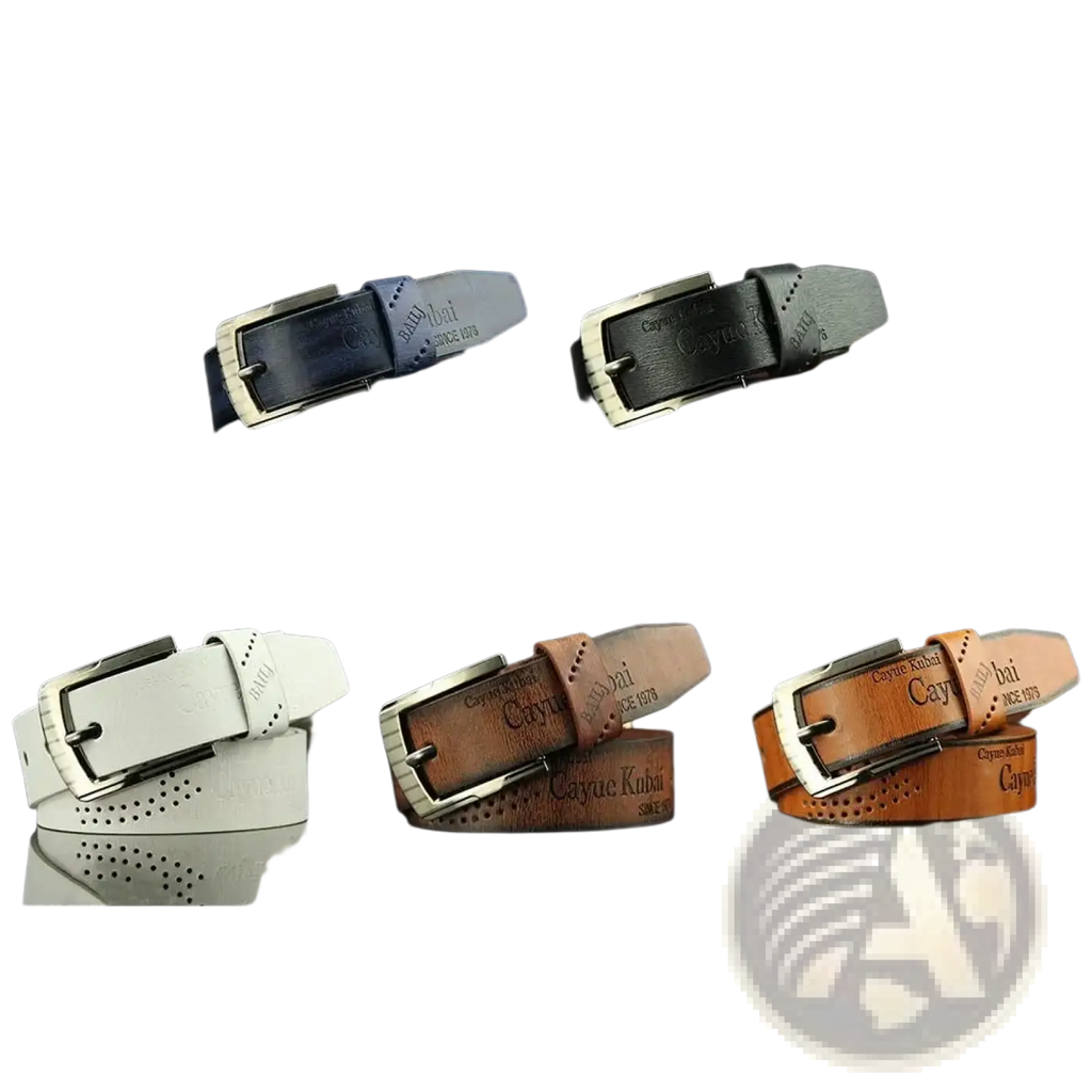 A collection of men leather belts in blue black white brown and coffee with silver embossed branding vintage business waistband