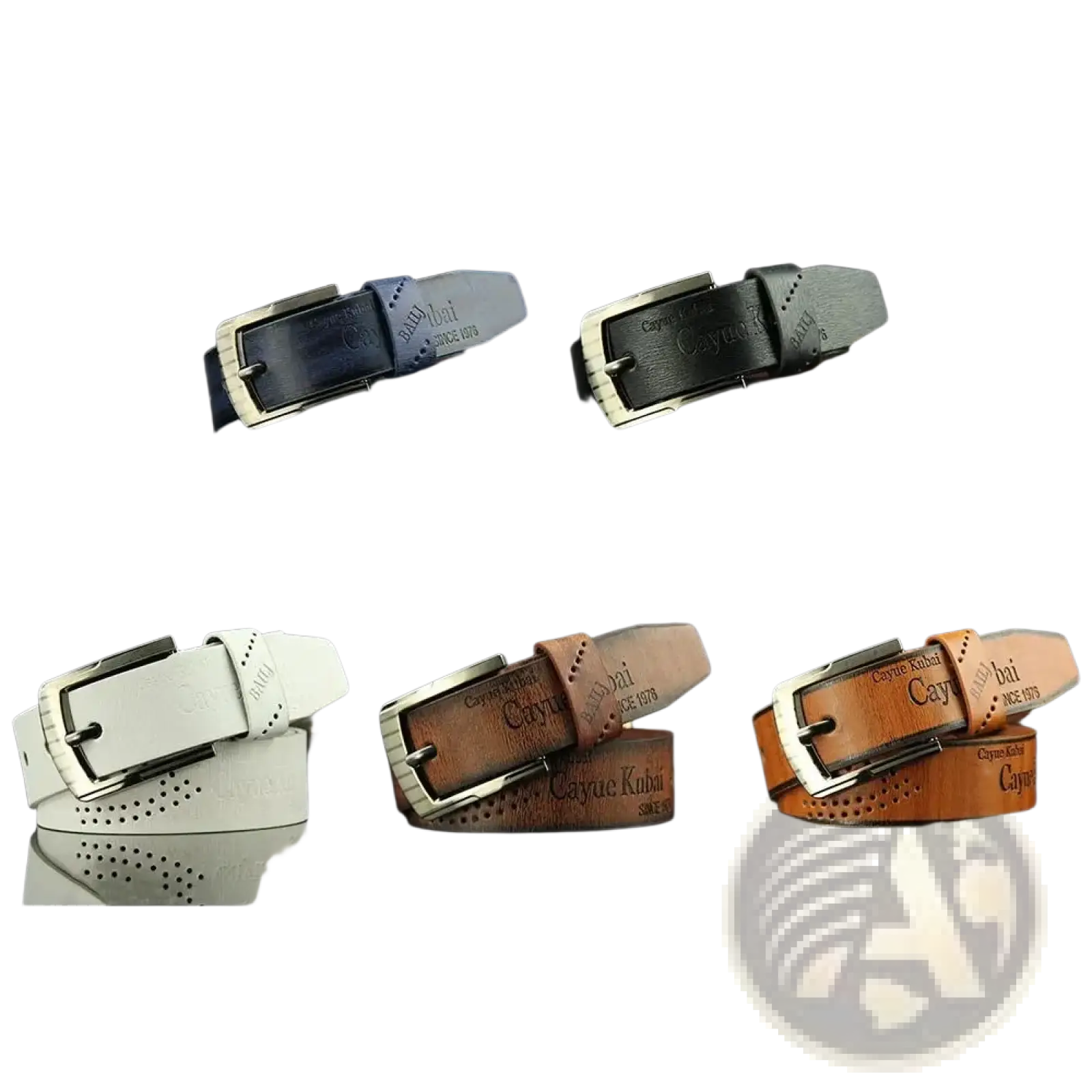 A collection of men leather belts in blue black white brown and coffee with silver embossed branding vintage business waistband