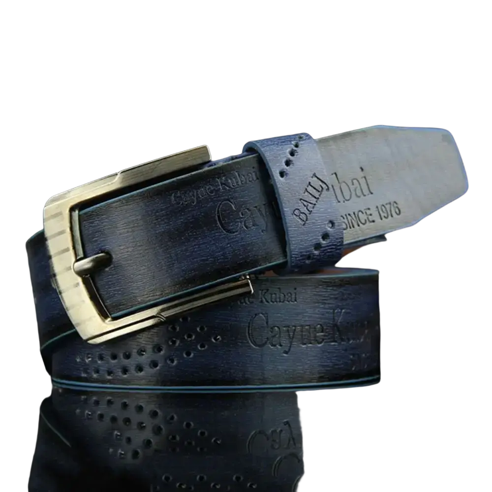 Men leather belt vintage business waistband in dark blue leather with silver-toned buckle and embossed branding