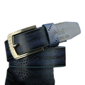 Dark blue leather men belt with silver buckle and embossed cayne Dubai branding for vintage business waistband