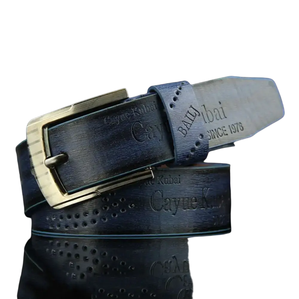 Dark blue leather men belt with silver buckle and embossed cayne Dubai branding for vintage business waistband