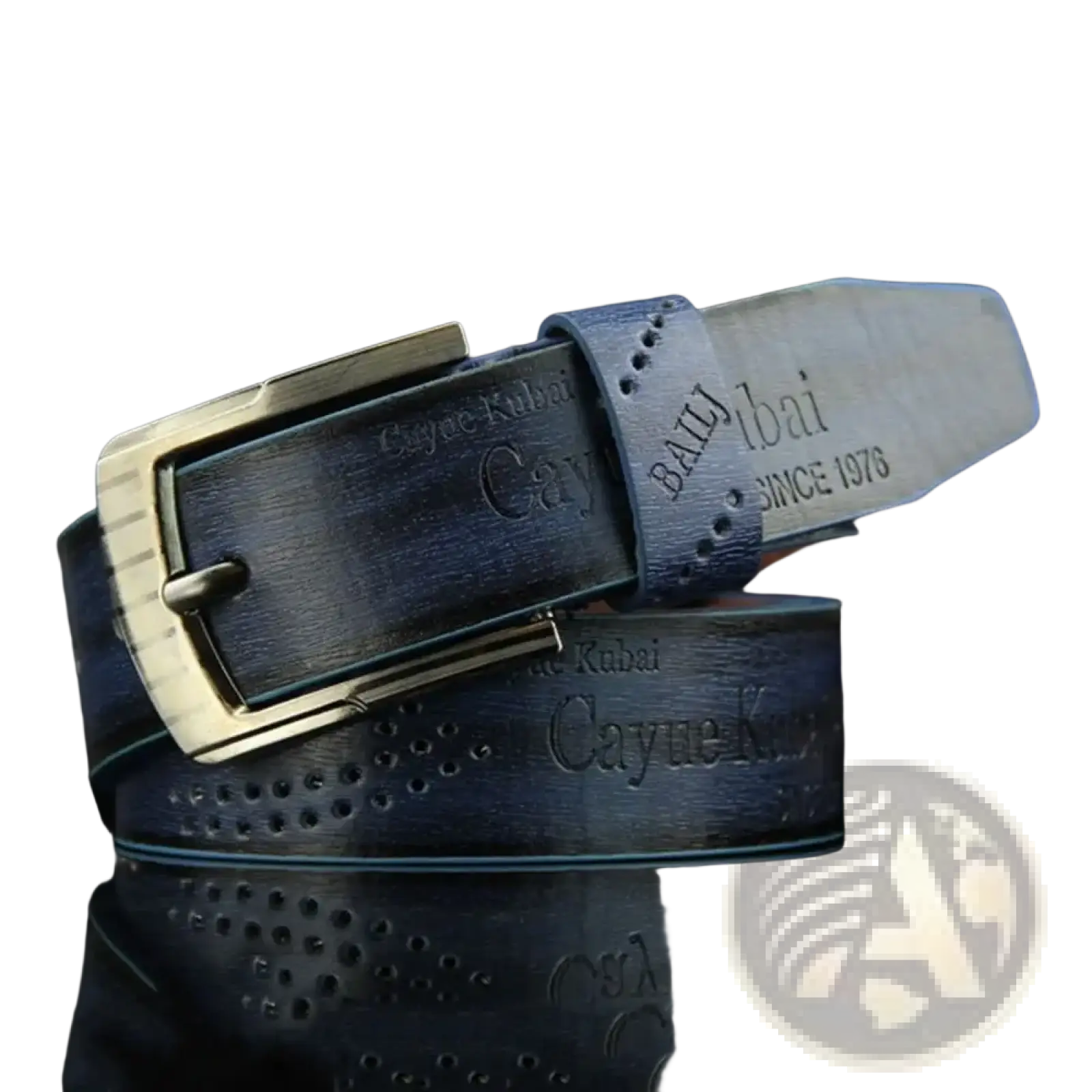 Men leather belt vintage business waistband in dark blue leather with silver-toned buckle and embossed branding