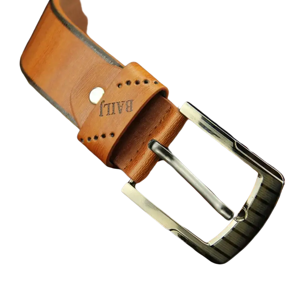Men leather belt vintage business waistband tan leather with silver buckle striped pattern and baily embossed keeper