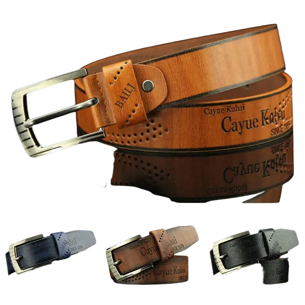 Men leather belt vintage business waistband in tan with silver buckle and embossed cayue kebai branding with perforations