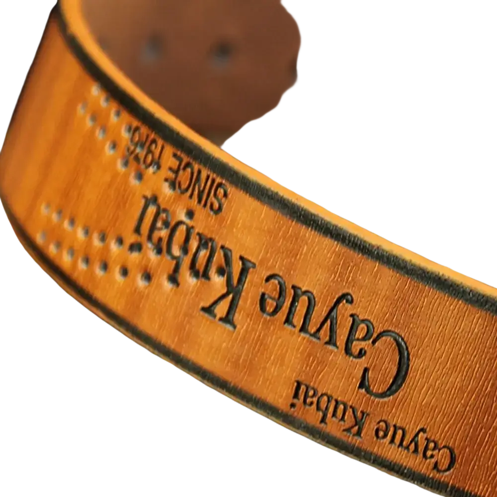 Men leather belt vintage business waistband in tan leather with embossed cayue kubai branding and dotted edge pattern