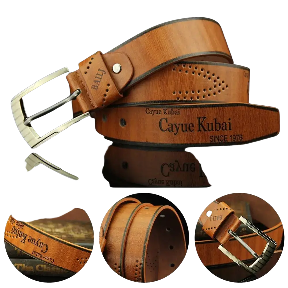 Tan leather men leather belt vintage business waistband with silver-toned buckle and embossed branding detail