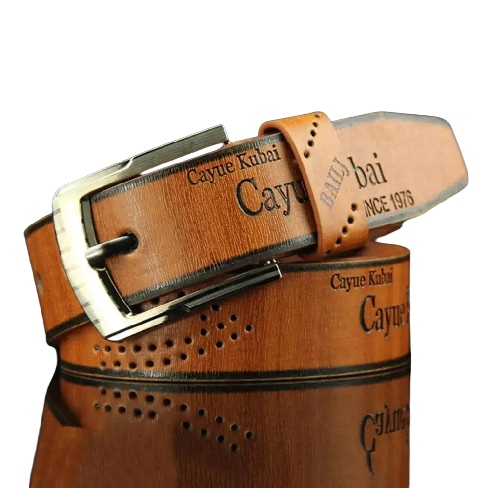 Men leather belt vintage business waistband in tan leather with silver-toned buckle and embossed branding