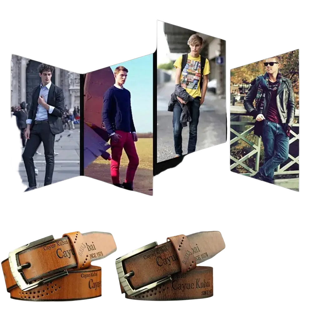 Men leather belt vintage business waistband in tan leather with silver-toned buckle and embossed cayue kubai branding