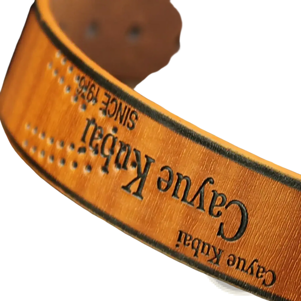Men leather belt vintage business waistband in tan leather with embossed cayue kubai branding and dotted edge pattern