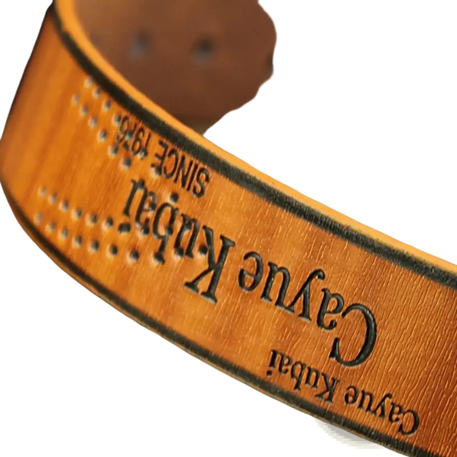 Men leather belt vintage business waistband in tan leather with embossed cayue kubai branding and dotted edge pattern