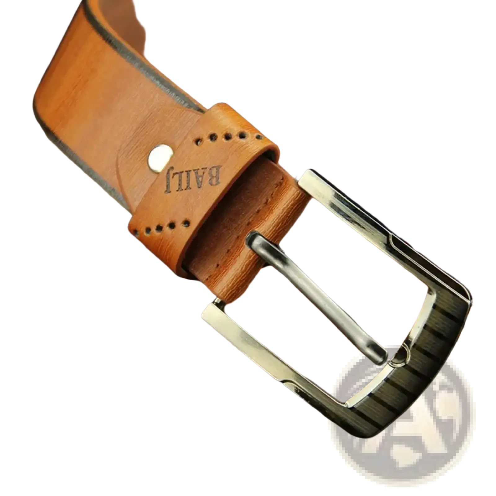 Men leather belt vintage business waistband tan leather with silver buckle striped pattern and baily embossed keeper