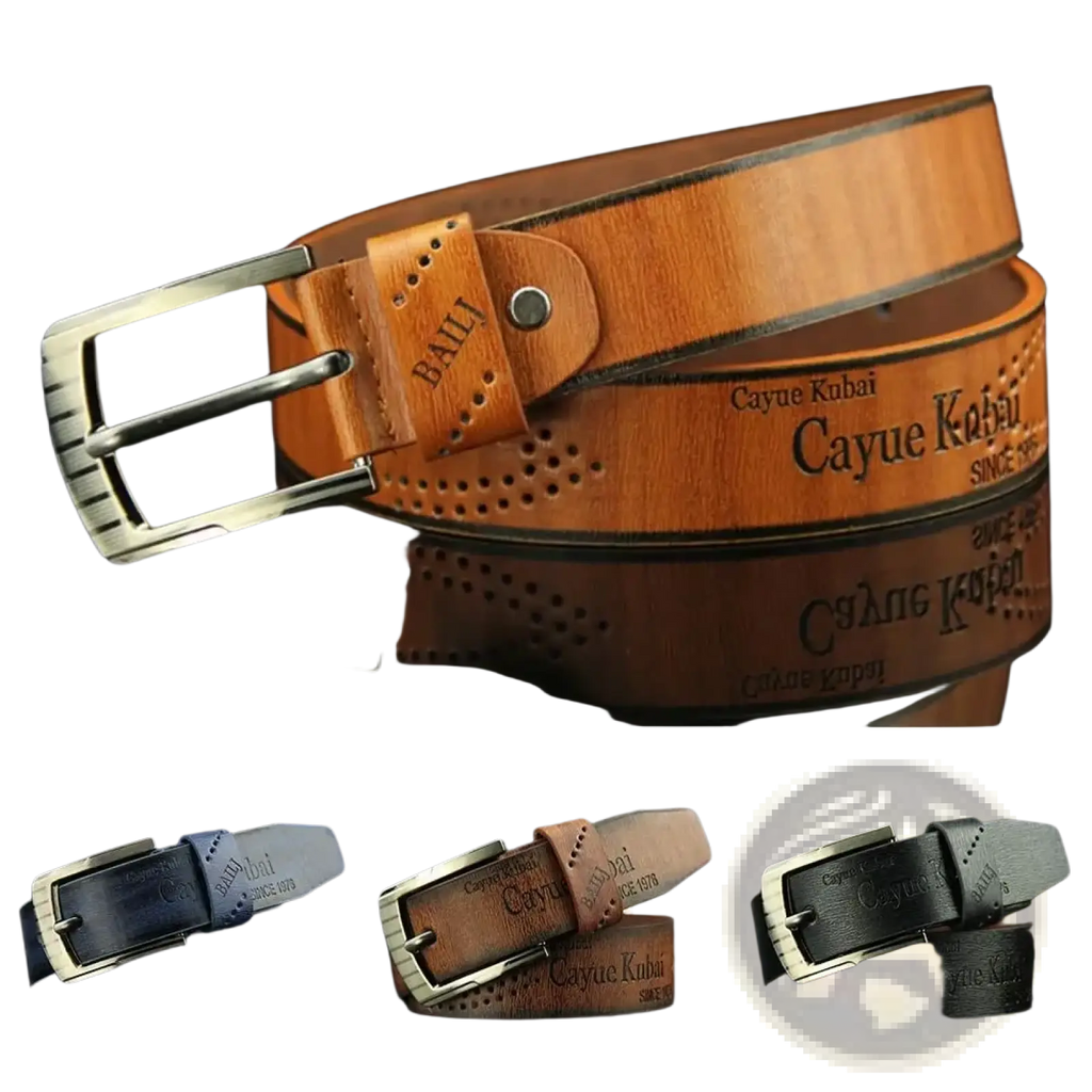 Men leather belt vintage business waistband in tan with silver buckle and embossed cayue kebai branding with perforations