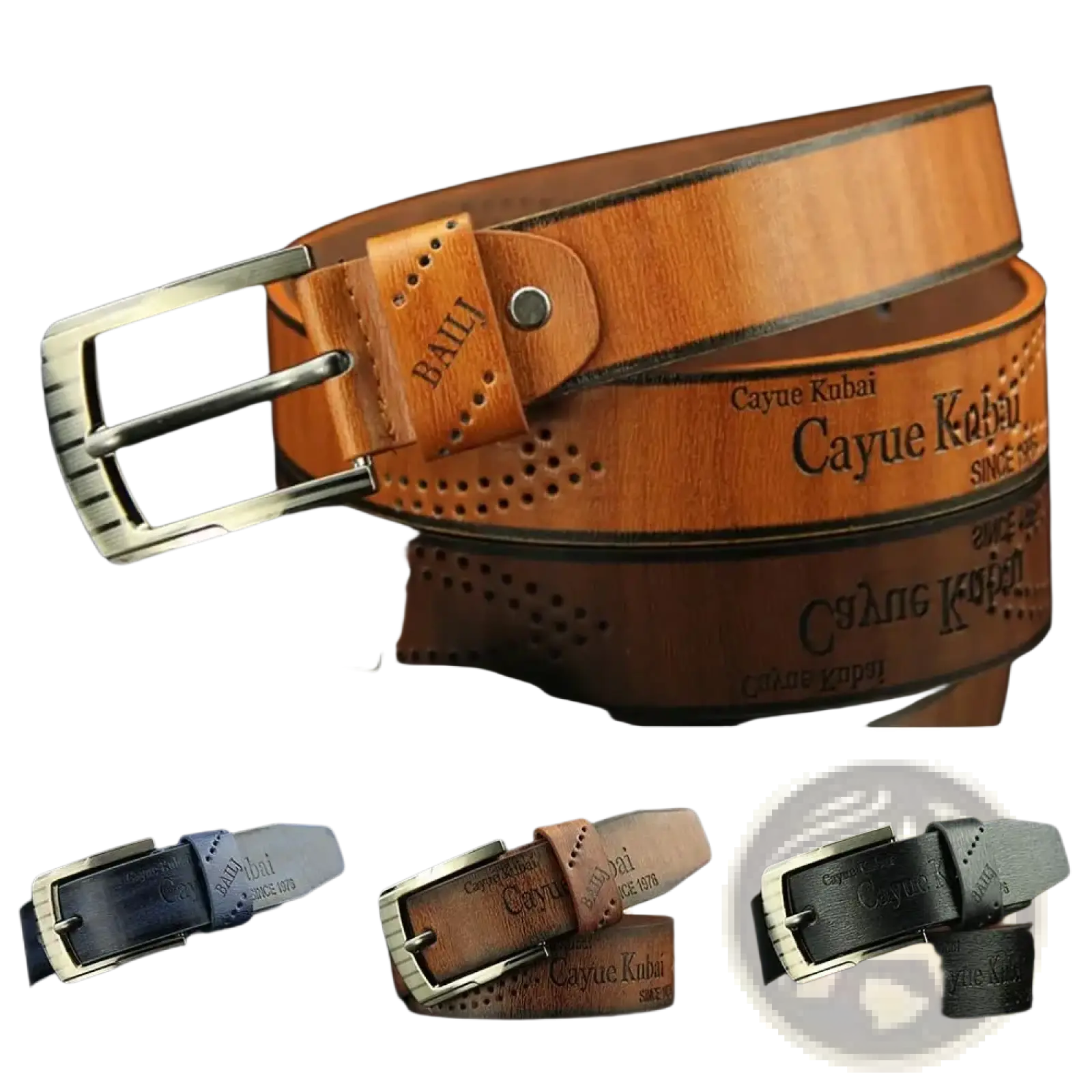 Men leather belt vintage business waistband in tan with silver buckle and embossed cayue kebai branding with perforations