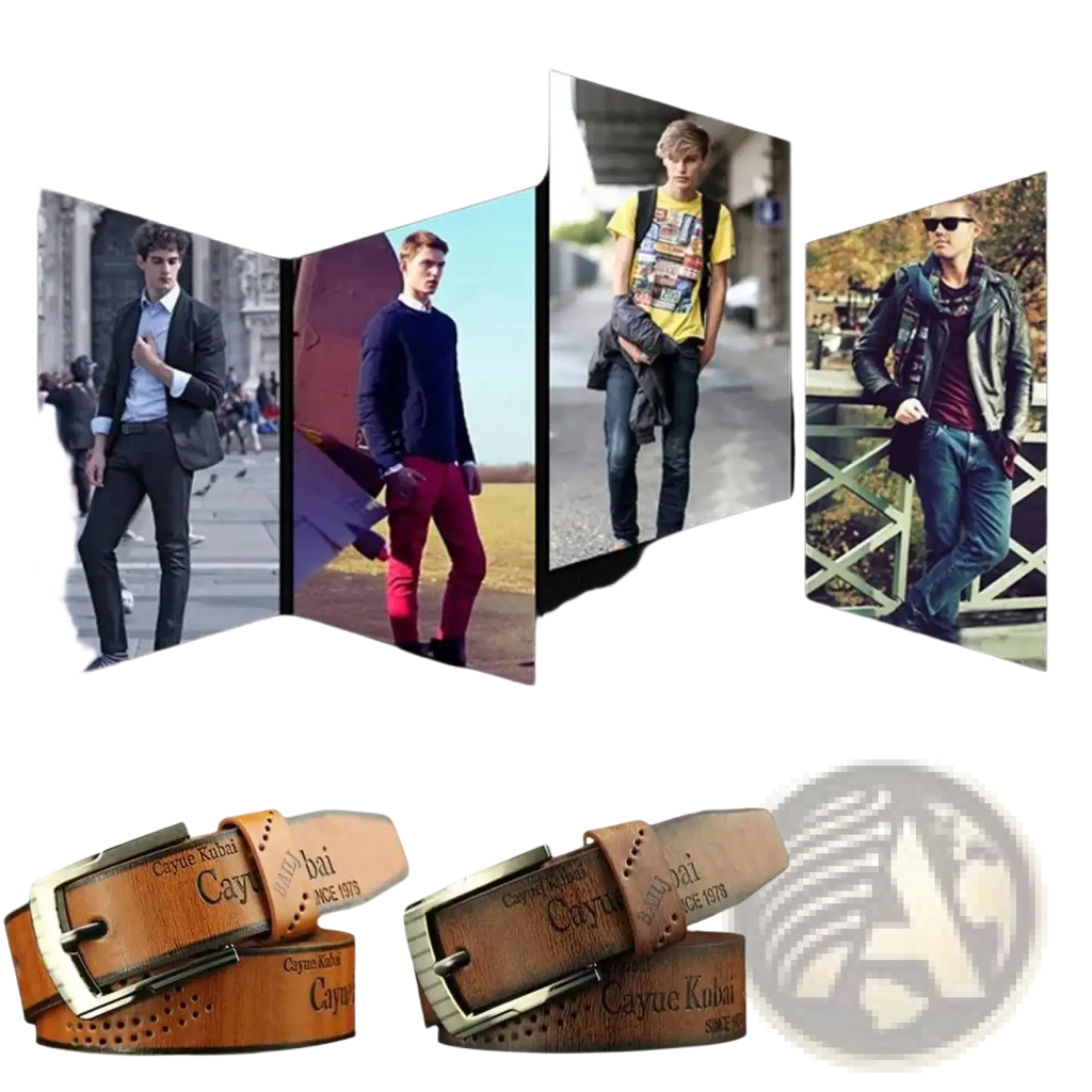 Men leather belt vintage business waistband in tan leather with silver-toned buckle and embossed cayue kubai branding