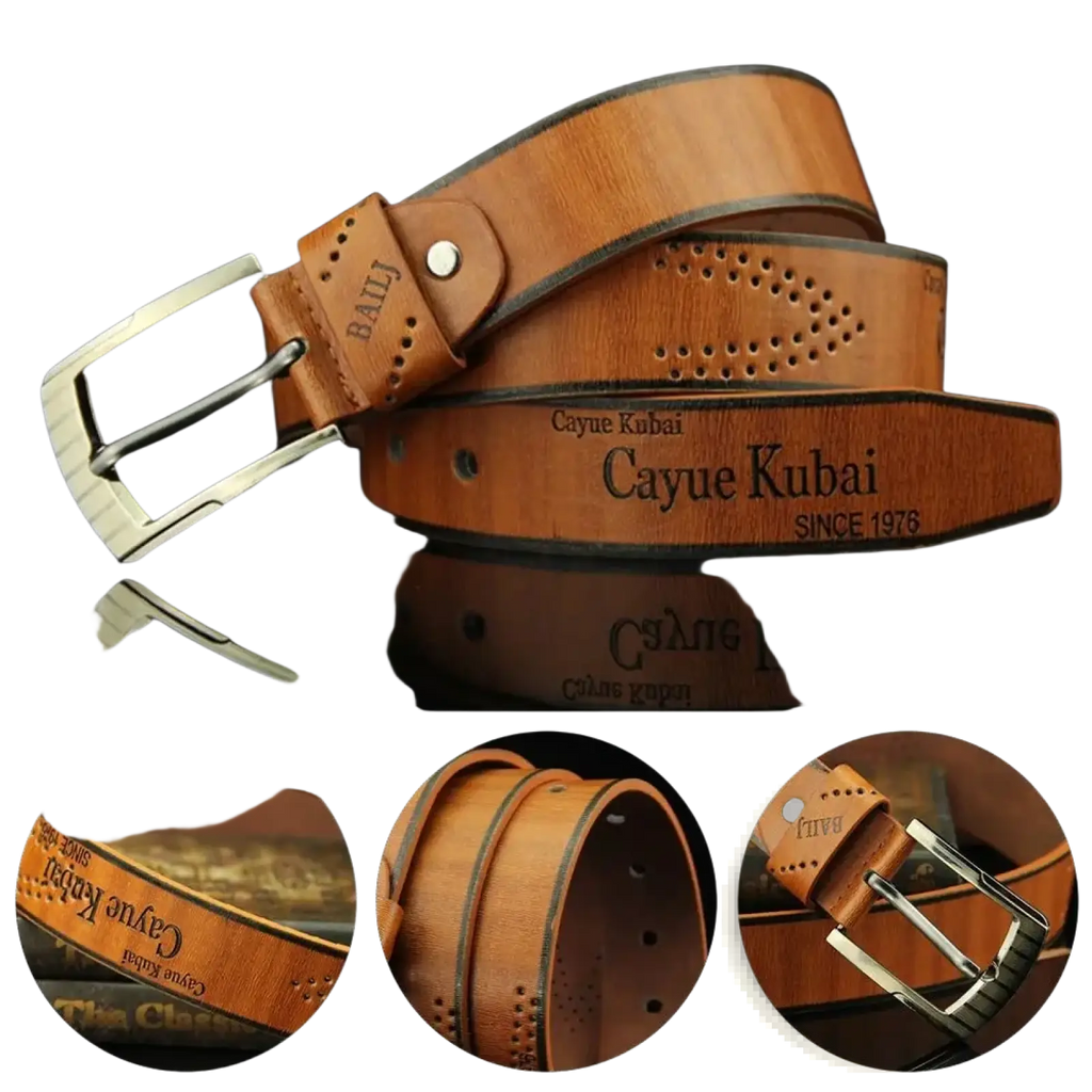 Tan leather men leather belt vintage business waistband with silver-toned buckle and embossed branding detail