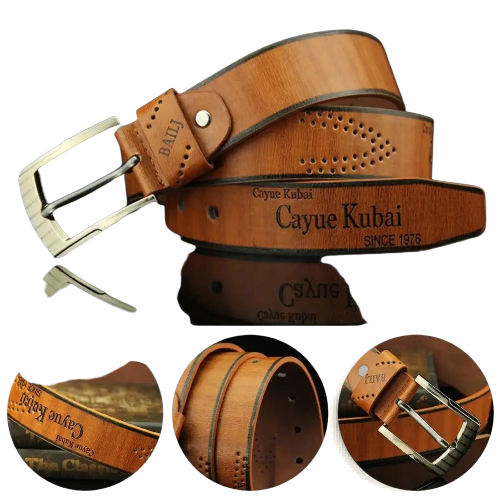 Tan leather men leather belt vintage business waistband with silver-toned buckle and embossed branding detail